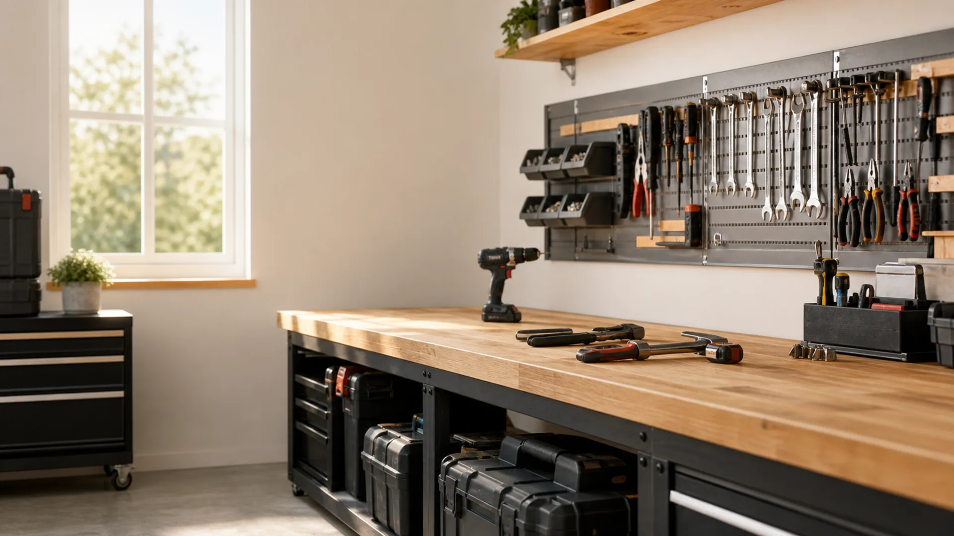 Organized workshop with tools and a workbench in natural light