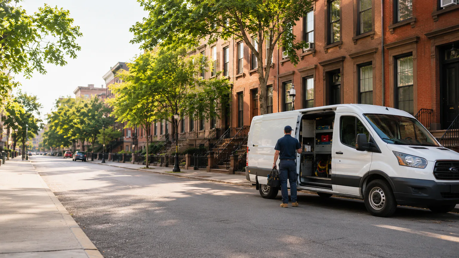 Service technician beside a white work van on a tree-lined residential street