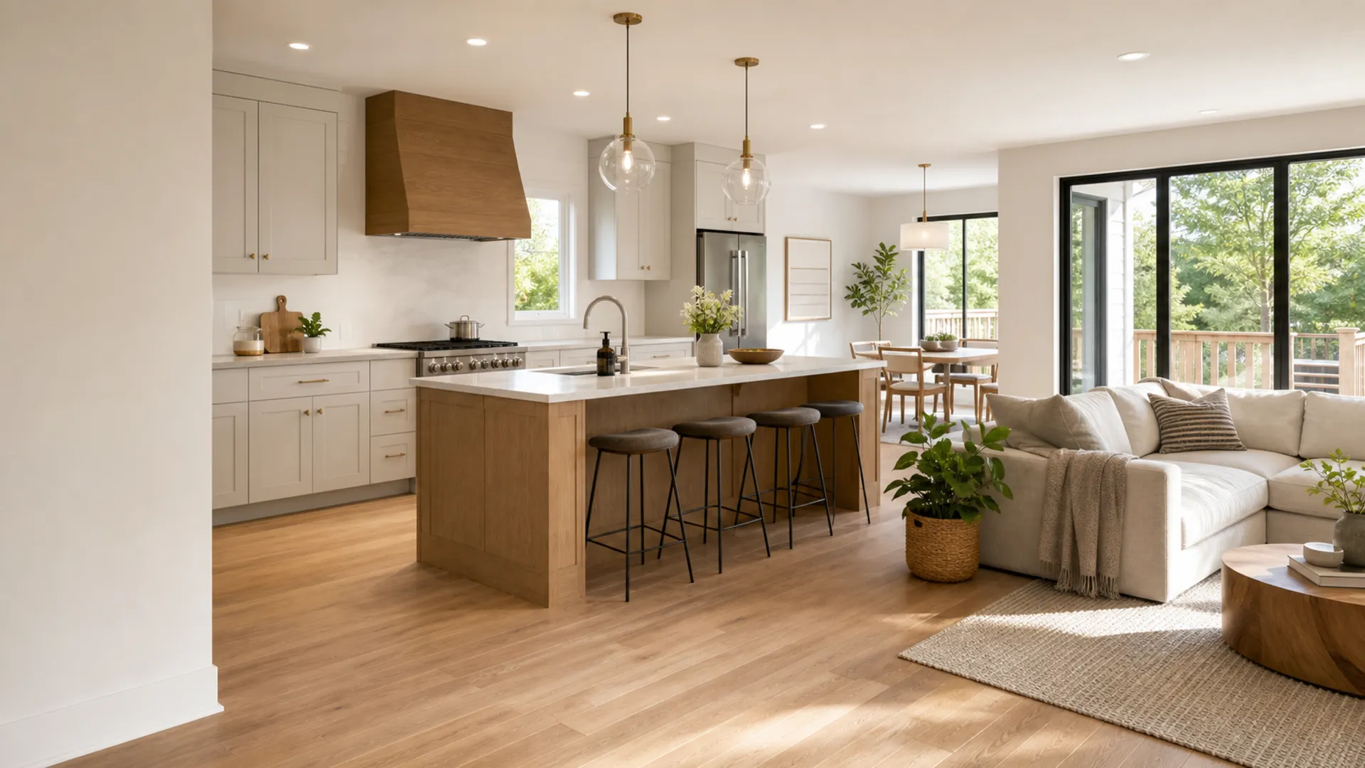 Finished modern residential renovation interior with cabinetry wood and natural light