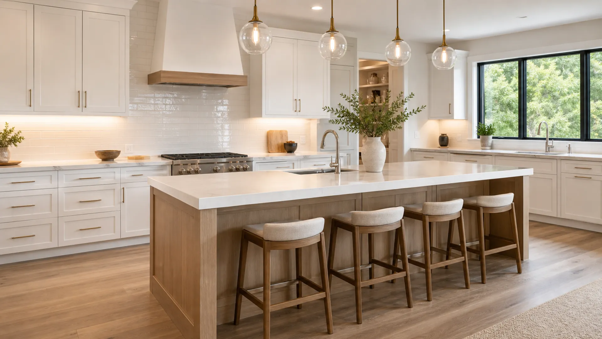 Completed modern kitchen with clean counters wood island stools and bright windows